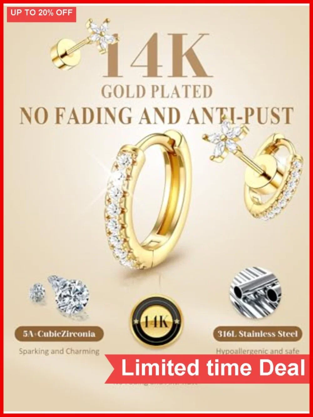 14k Gold Plated Hypoallergenic Earrings Set Surgical Stainless Steel Flat Back